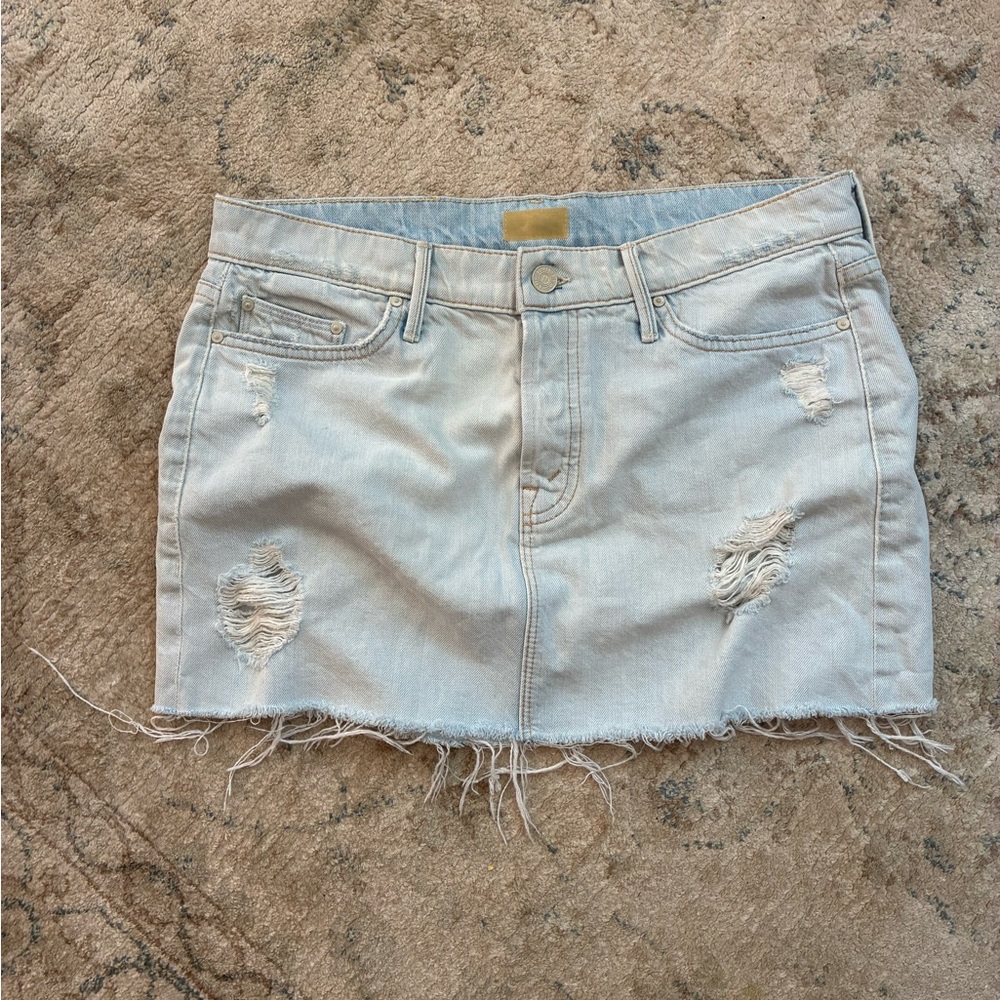 MOTHER Light Wash Distressed Denim Mini Skirt